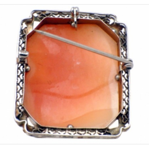 14K Huge Cameo🐚 White Gold Filigree Brooch Circa - Picture 2 of 3